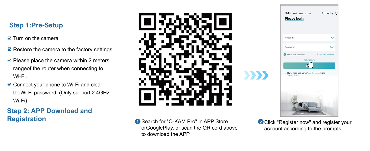 Step-by-step instruction guide with QR codes and arrows, showing a digital interface or app setup process with multiple screens and directional indicators.