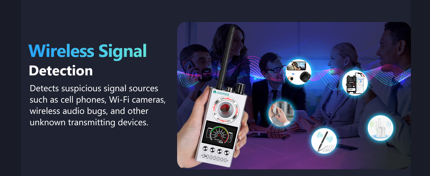 Text reads 'Wireless Signal Detection'. Illustration showing wireless signal detection between mobile devices with blue lighting effects and icons.