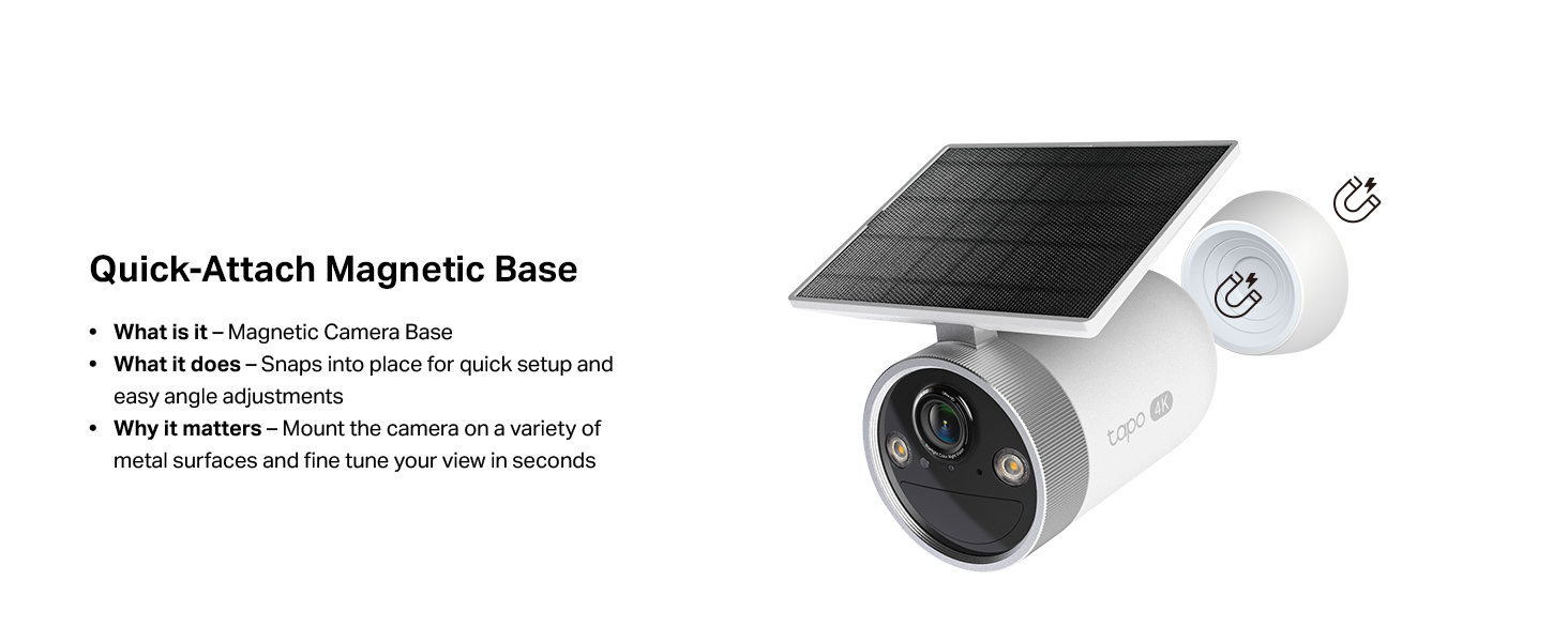 Text reads 'Quick-Action Magnetic Base'. Product image showing a device with magnetic mounting capability.