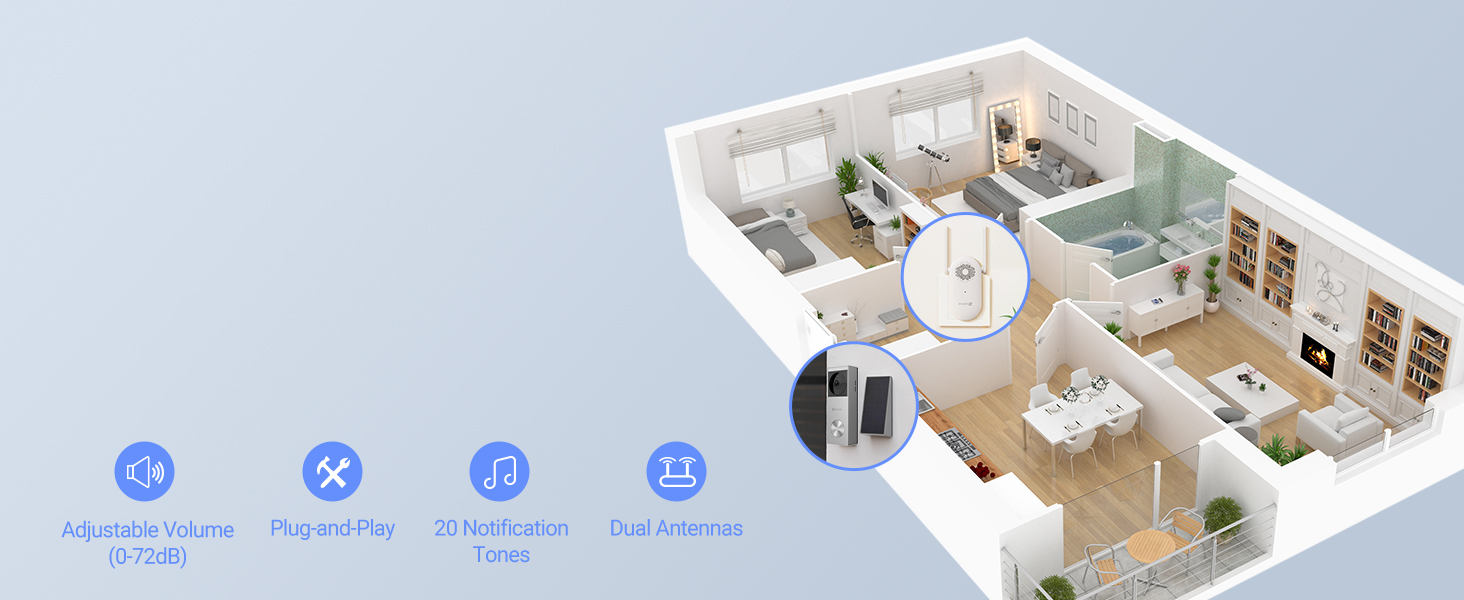 3D architectural floor plan visualization showing a modern apartment interior layout with furniture, rooms, and navigation icons in the top right corner.