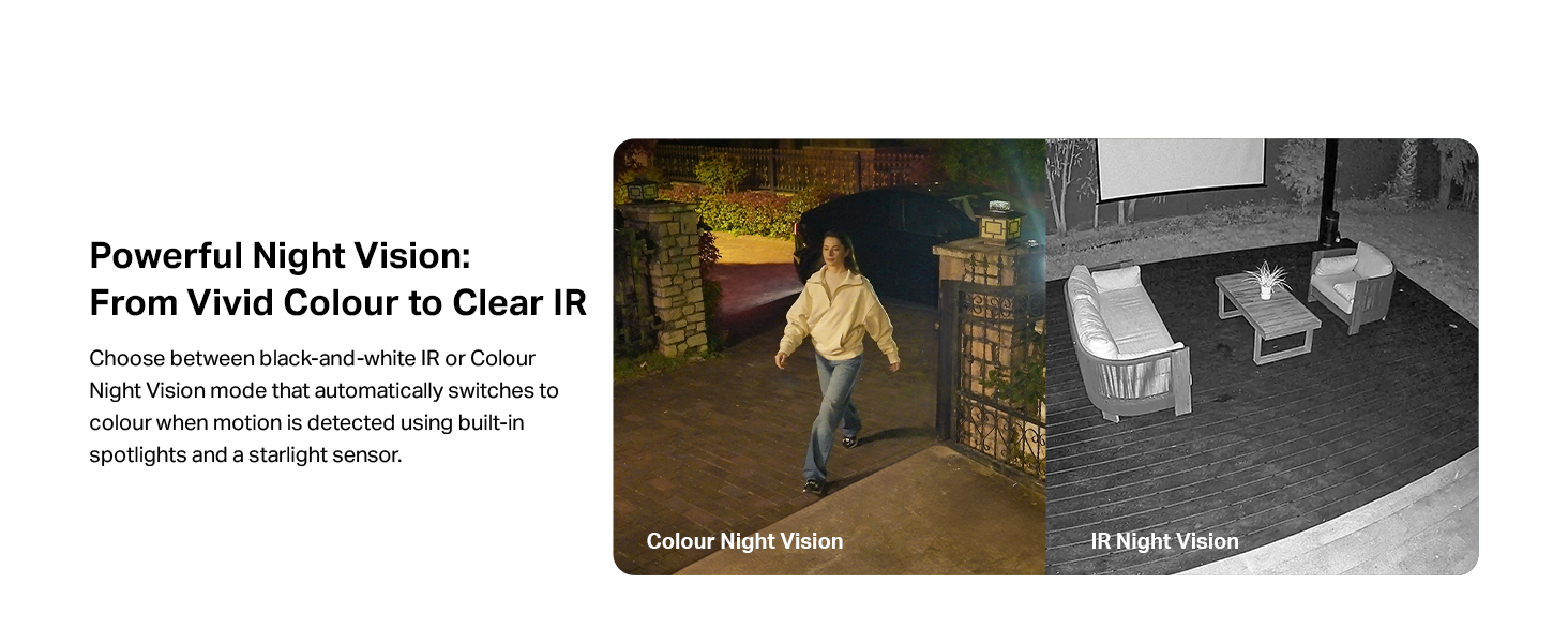 Text reads 'Powerful Night Vision: From West Colour to Clear IR'. Technical product demonstration images showing night vision capability in black and white photography.