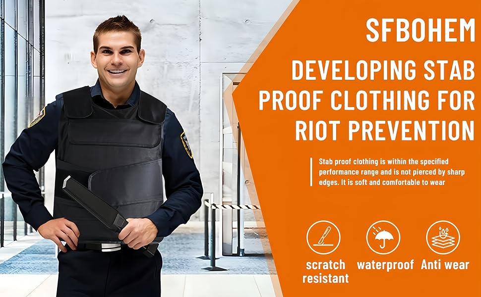 Text reads 'SFBOHEM', 'DEVELOPING STAB', 'PROOF CLOTHING FOR RIOT PREVENTION'. Marketing images showing protective gear with waterproof and anti-wear features.