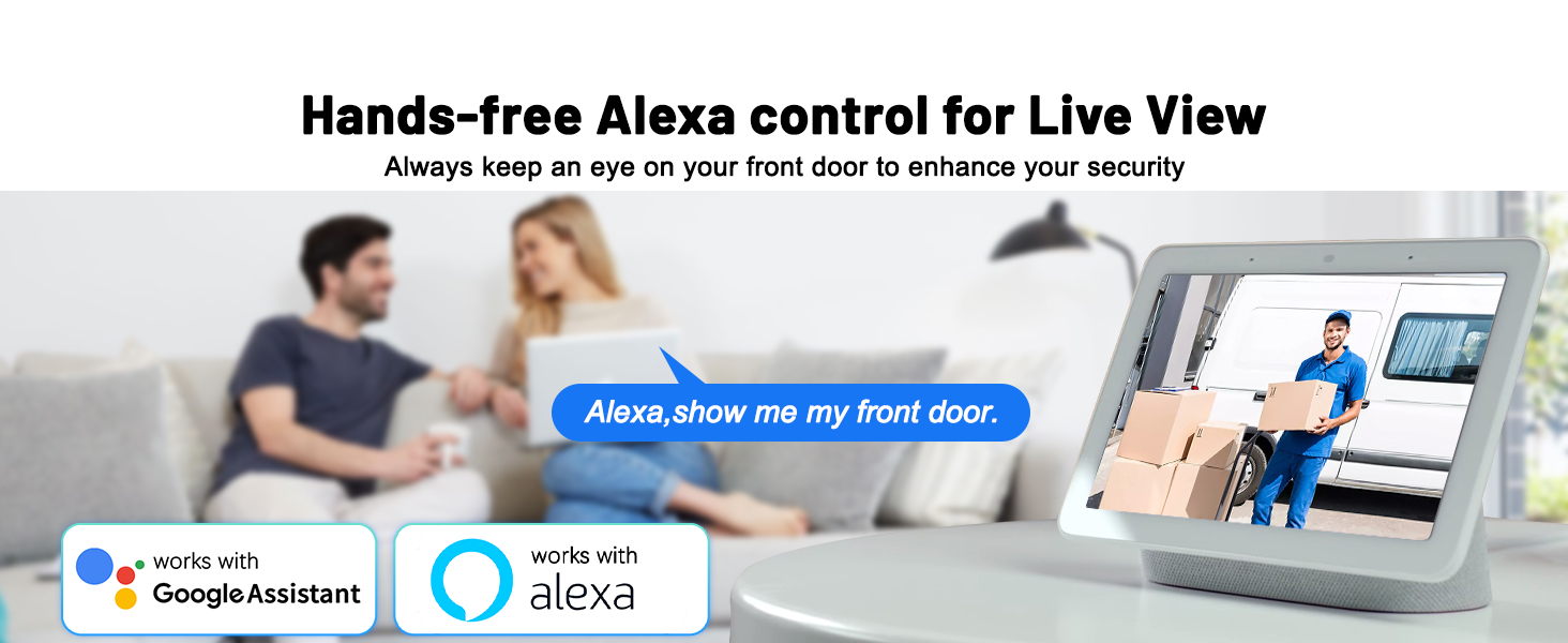 Smart home security system with hands-free Alexa control. Shows interface on smartphone displaying live view of delivery person at front door.