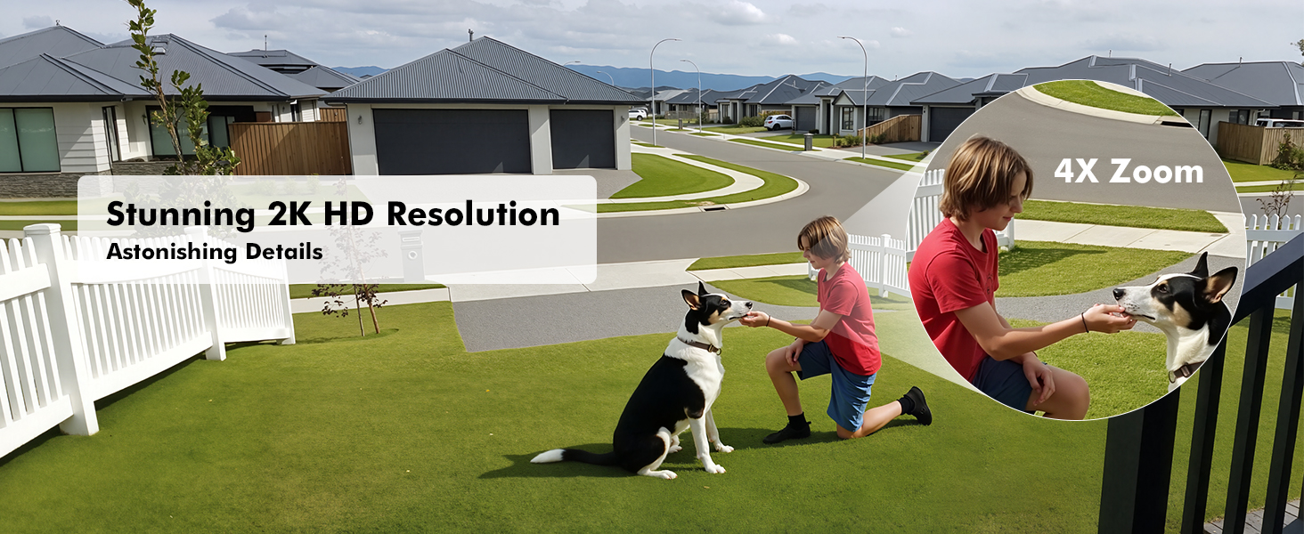 Text reads 'Stunning 2K HD Resolution'. Shows outdoor sports field with multiple action sequences overlaid, demonstrating camera recording capabilities.