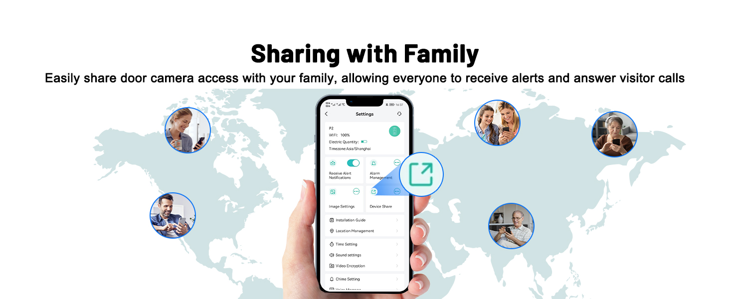 Smartphone displaying app interface with world map background. Circular profile images and icons overlay map, illustrating global family connectivity feature.