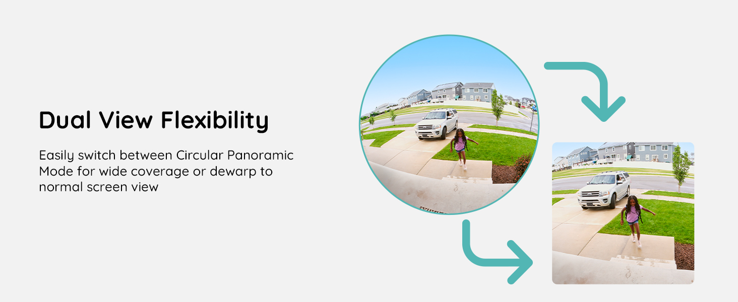 Illustration of dual view flexibility feature for a camera or display device, showing circular panoramic view transitioning to normal rectangular view of an outdoor scene with a car and person.
