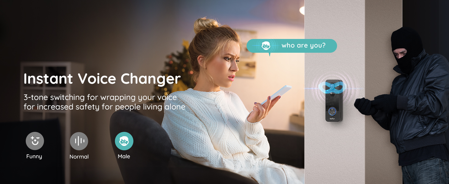Voice changer app interface showing a woman using a smartphone. Features include 'funny', 'neural', and 'male' voice options. Burglar silhouette in background suggests security context.