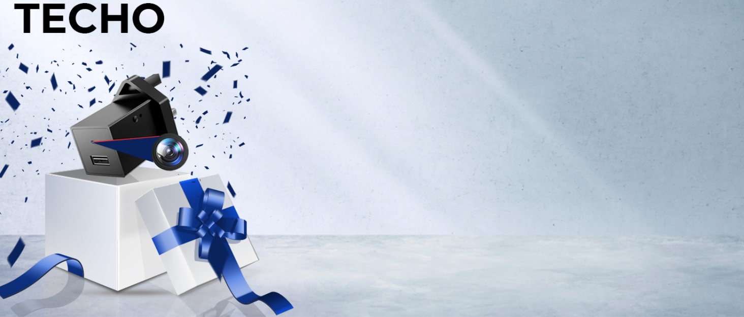 Text reads 'TECHO'. Product splash photography with blue liquid elements against light gray background.