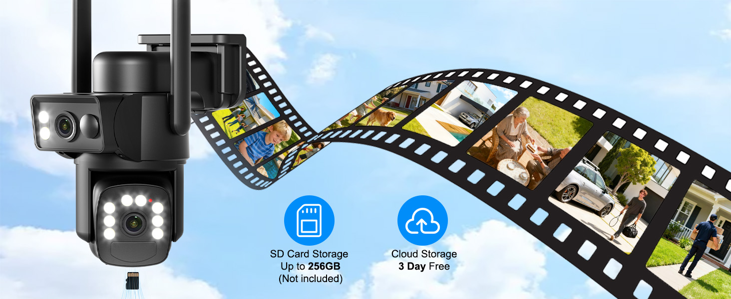 Collection of film strip graphics and camera icons, suggesting video or photography-related content, with blue tinted overlays and multiple frame elements.