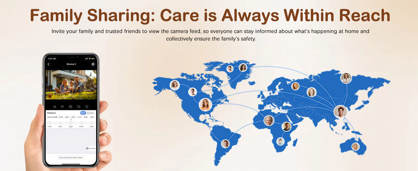 Text reads 'Family Sharing: Care is Always Within Reach' above world map with blue highlighted regions indicating global coverage. Mobile device shown displaying interface.