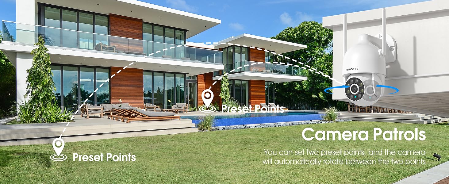 Text reads 'Camera Patrols' and 'Patrol Points'. Exterior views of modern building with swimming pool and outdoor recreational areas.