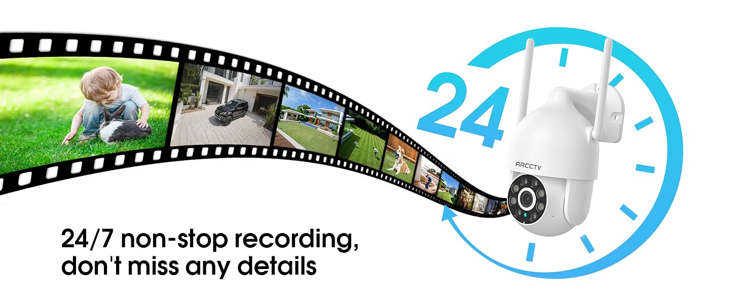 Text reads '24/7 non-stop recording, don't miss any details'. Graphic showing film strip timeline with clock icon indicating continuous recording capability.