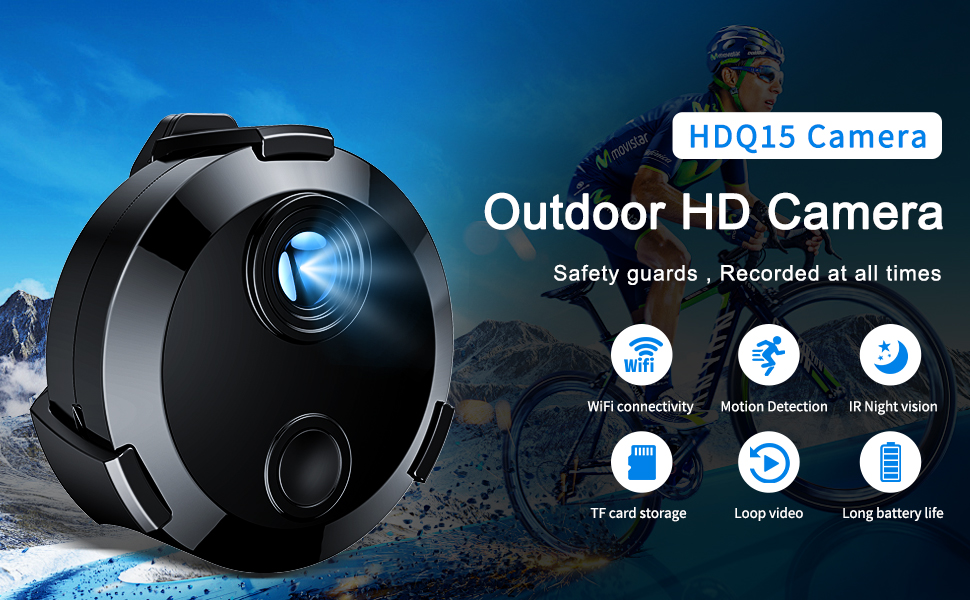 Text reads 'Outdoor HD Camera'. Product banner showing black security camera with blue technology-themed background. Features multiple icons indicating camera capabilities.