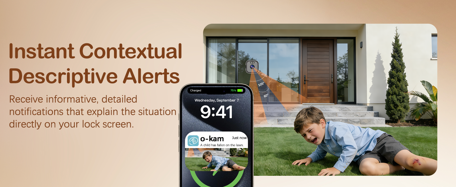 Text reads 'Instant Contextual Descriptive Alerts' and 'Receive informative, detailed notifications that explain the situation directly on your lock screen.' Shows mobile phone interface display at 9:41.