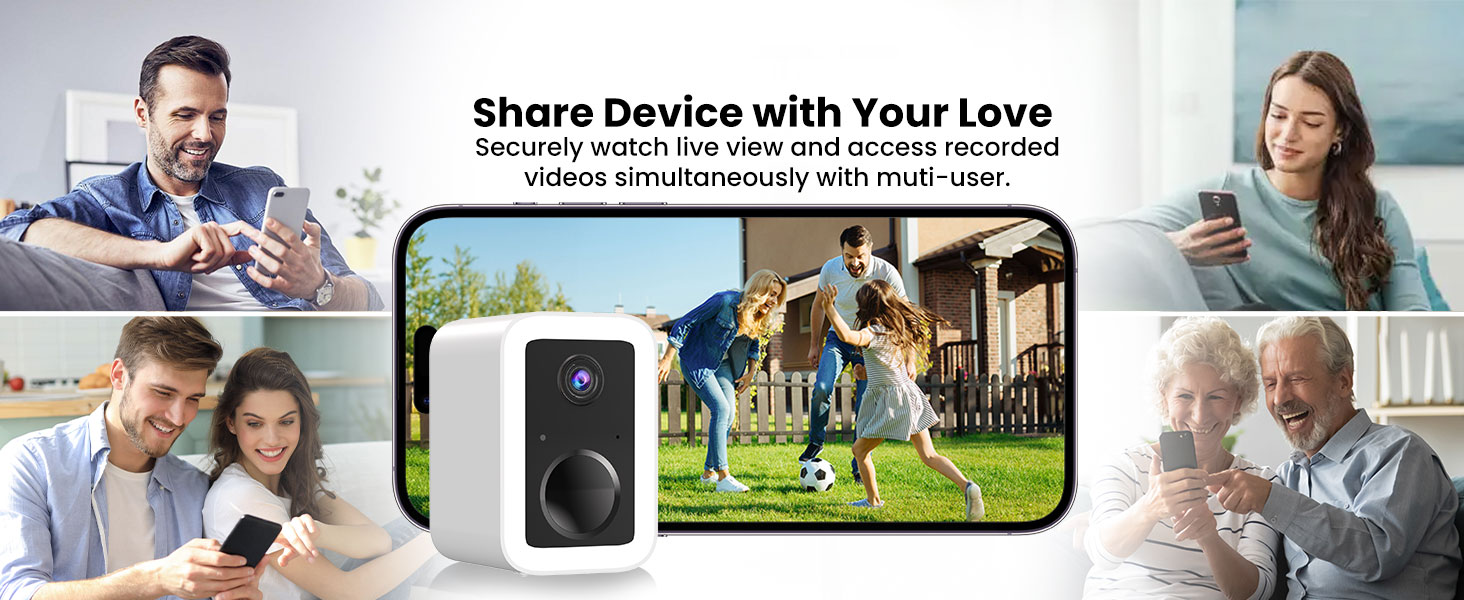 Text reads 'Share Device with Your Love'. Collage of lifestyle images showing device usage in various settings including home, outdoors, and work environments.