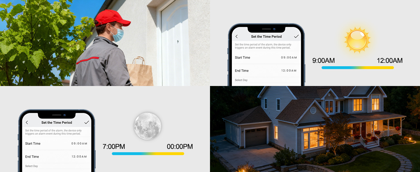 Series of interface screenshots showing smart home controls and exterior house views, featuring mobile app displays with lighting and temperature controls alongside nighttime home exterior shots.