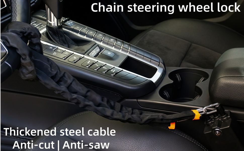 Text reads 'Chain steering wheel lock'. Close-up images of a vehicle security device showing thickened steel cable and locking mechanism components.