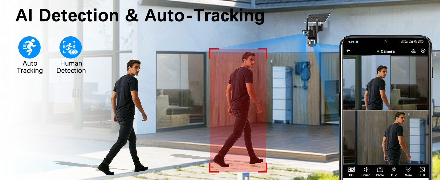 Text reads 'AI Detection & Auto-Tracking'. Security camera interface showing movement tracking across multiple frames in a hallway setting.