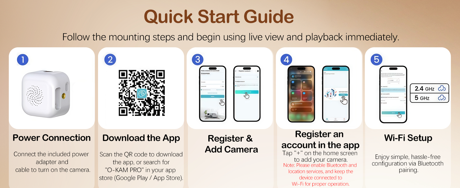 Text reads 'Quick Start Guide'. Instructional guide showing mobile app setup steps with QR codes and smartphone screens displaying installation process.