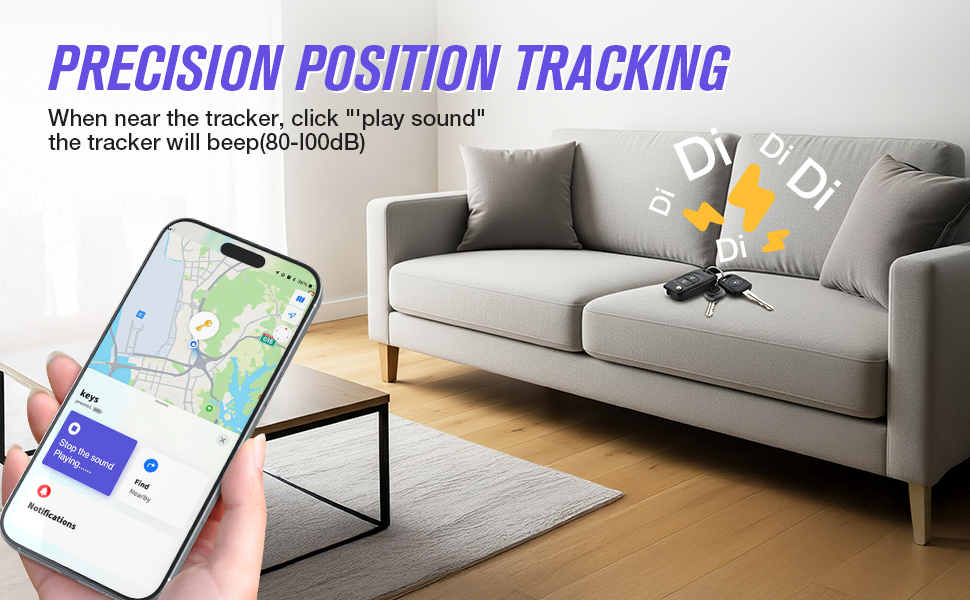 Text reads 'SMART PRECISION TRACKING' with '365 DAYS' and '360 ANTI-FALL'. Purple-tinted promotional image showing tracking device with glowing effects and feature indicators.