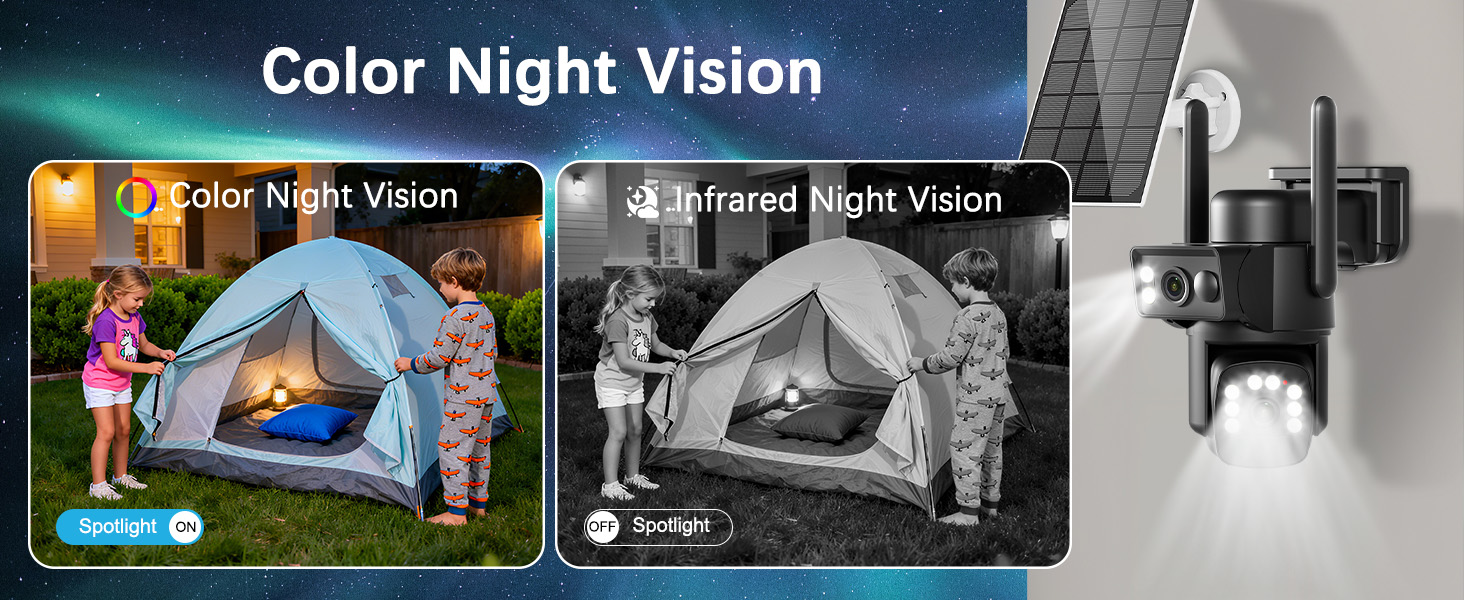 Text reads 'Color Night Vision'. Comparison images showing nighttime outdoor scenes in both color and black-and-white night vision modes.