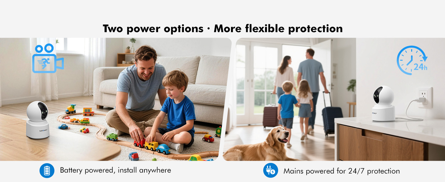 Text reads 'free player options - more flexible protection'. Split image showing indoor family scenes with safety monitoring devices visible.