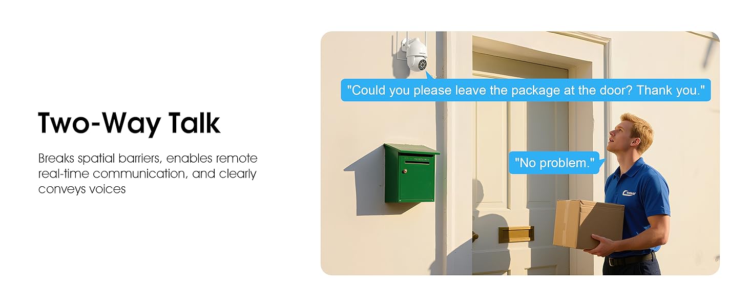 Text reads 'Two-way talk'. Multiple panels showing smartphone app interface screens with communication features.