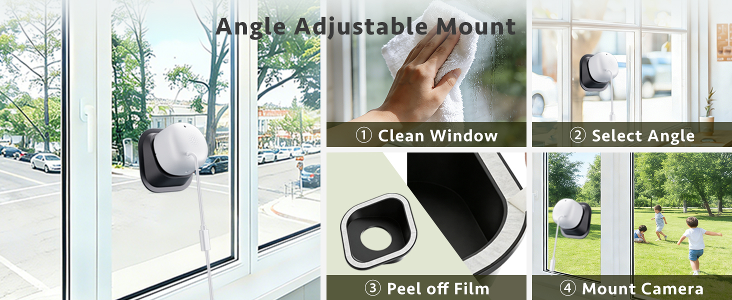 Text reads 'Angle Adjustable Mount'. Series of instructional images showing installation steps for a security camera mount on a window, demonstrating cleaning, angle adjustment, and mounting process.