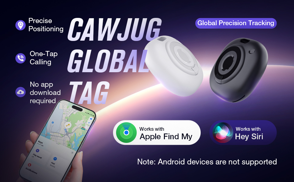 Text reads 'CAWJUG GLOBAL TAG' with app store badges and interface elements shown across multiple promotional panels. Note text 'Android devices are not supported'.