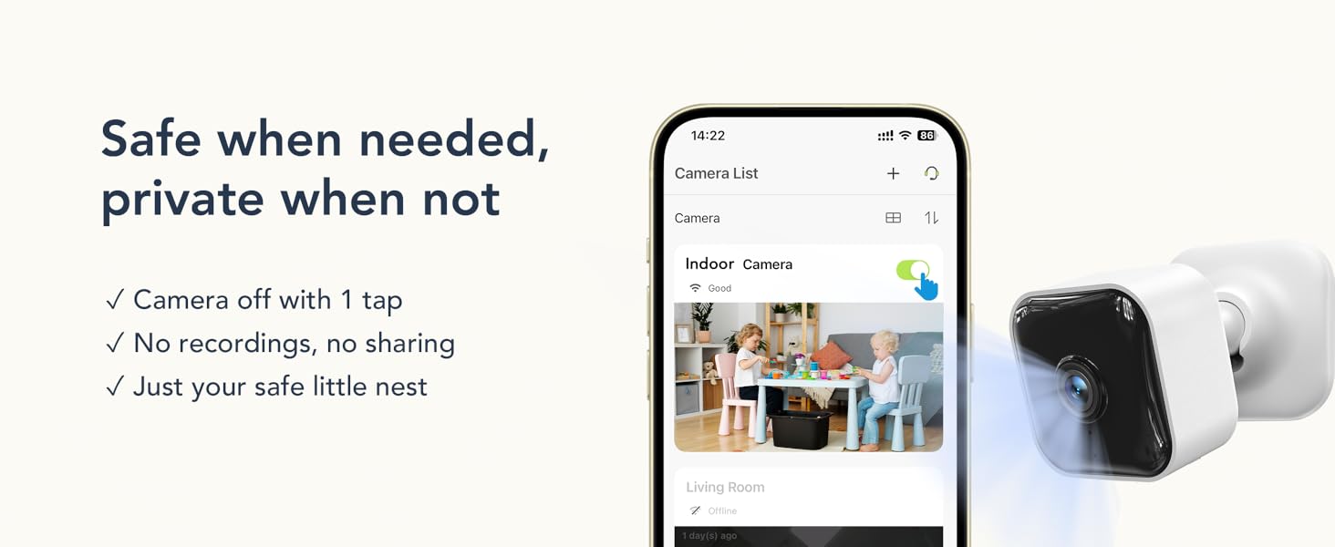 Text reads 'Safe when needed, private when not'. Product interface screens and security device demonstrations showing camera functionality and privacy features.
