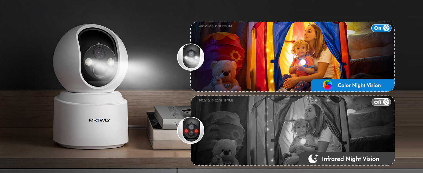 Smart home security camera display showing split screen view with night vision capability. White dome-shaped camera visible with illuminated LED ring.