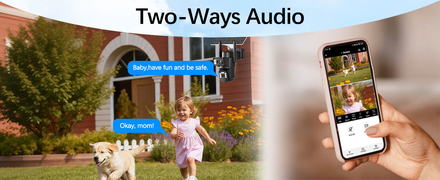 Text reads 'Two-Ways Audio'. Multiple scenes showing outdoor security camera footage with mobile app interface integration.