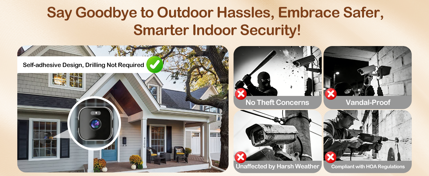 Text reads 'Say Goodbye to Outdoor Hassles, Embrace Safer, Smarter Indoor Security!' Series of security camera views showing indoor monitoring scenarios.