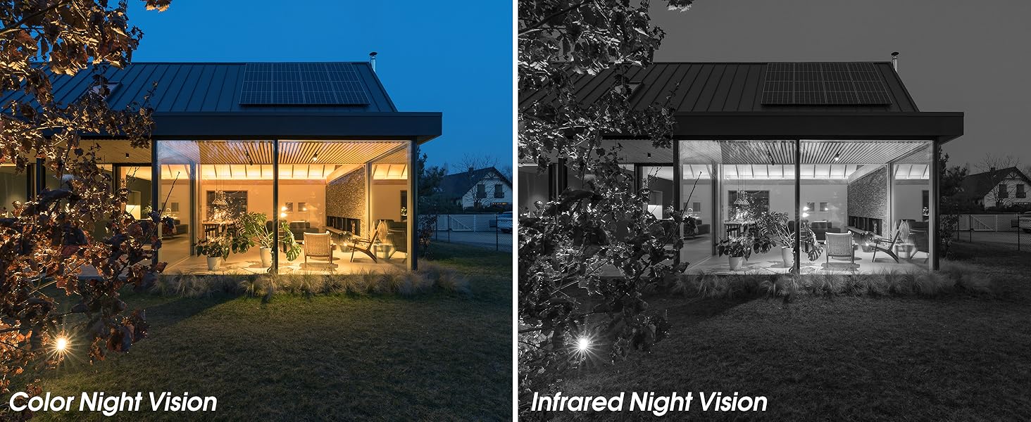Text reads 'Color Night Vision' and 'Enhanced Night Vision'. Side-by-side comparison of surveillance camera footage showing home exterior in different night vision modes.