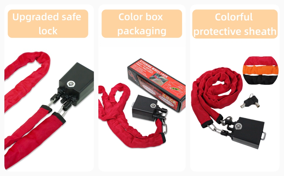 Text reads: 'Product Details', 'unique locking mechanism', 'Grade B lock cylinder', 'Waterproof sheath'. Technical product details showing various black and red components.
