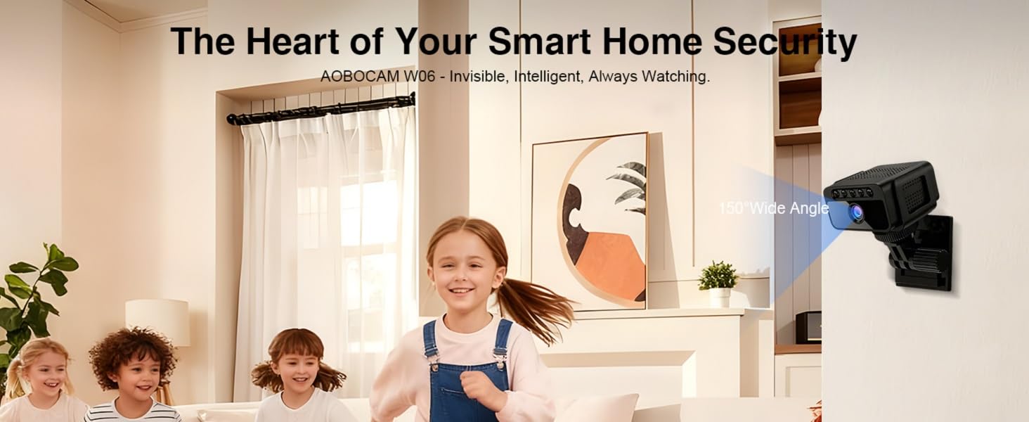 Text reads 'The Heart of Your Smart Home Security'. Interior home scene showing various angles of a security system interface mounted on wall.