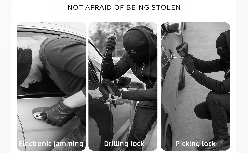 Text reads 'NOT AFRAID OF BEING STOLEN', 'Electronic jamming', 'Drilling lock', 'Picking lock'. Black and white demonstration images showing various security scenarios.