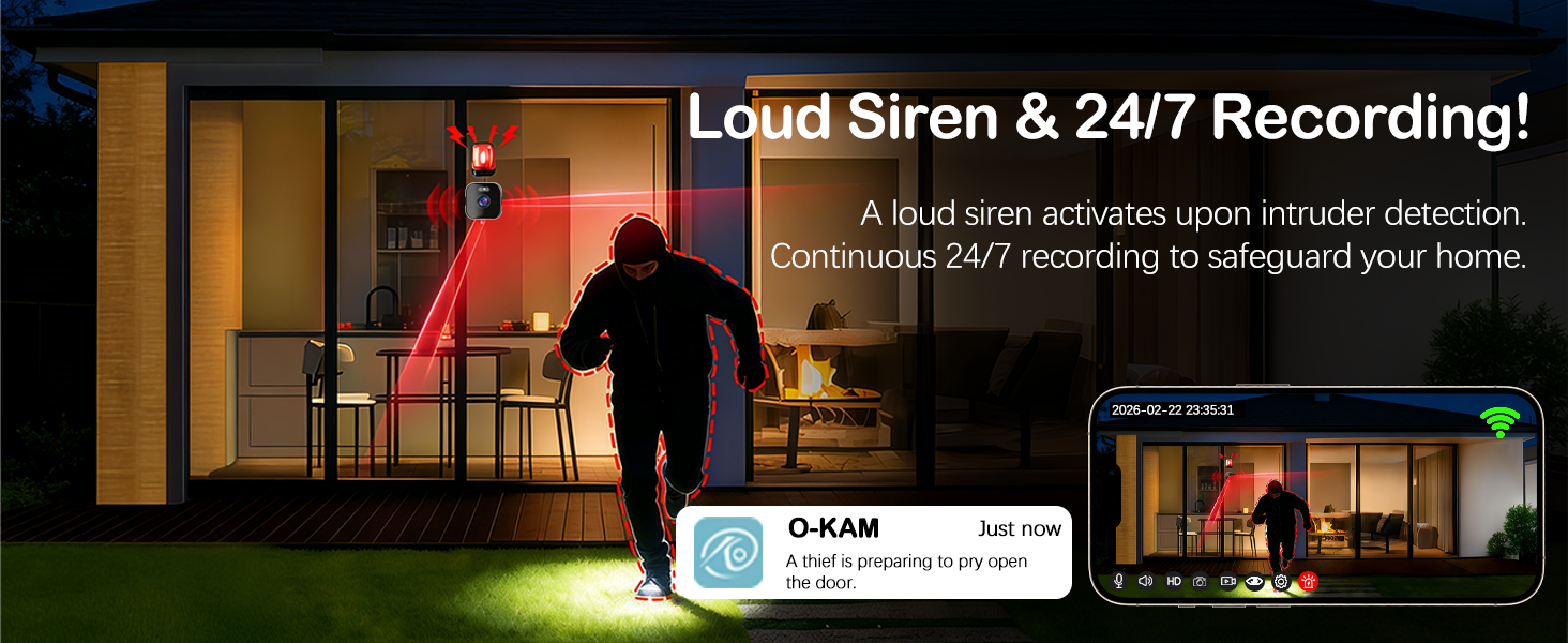 Text reads 'Loud Siren & 24/7 Recording!' Multiple surveillance camera interface screenshots showing nighttime security footage and monitoring system displays.