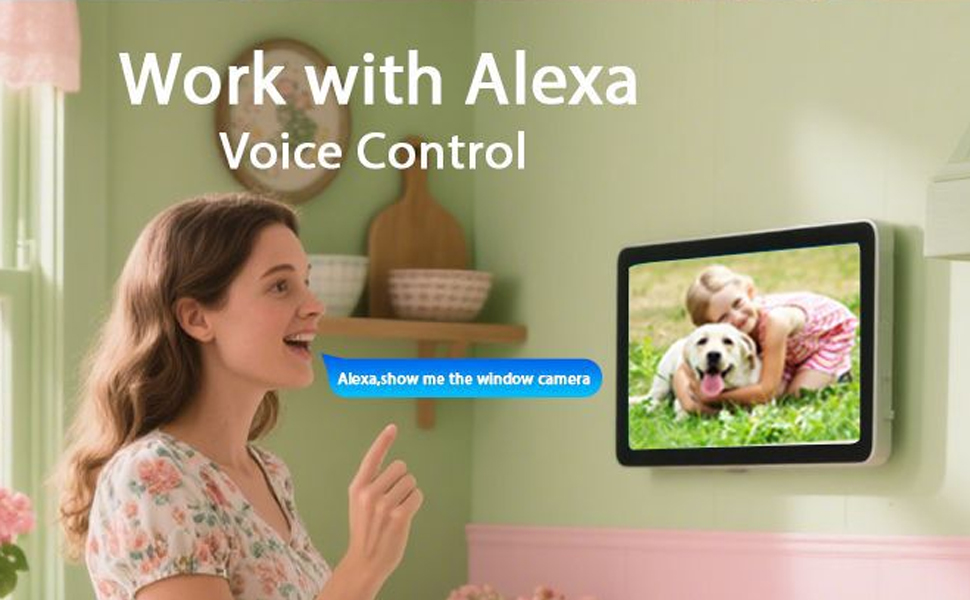 Le texte indique « Travaillez avec Alexa » et « Contrôle vocal ». Scènes teintées de vert montrant des personnes interagissant avec des appareils domestiques intelligents dans le salon.