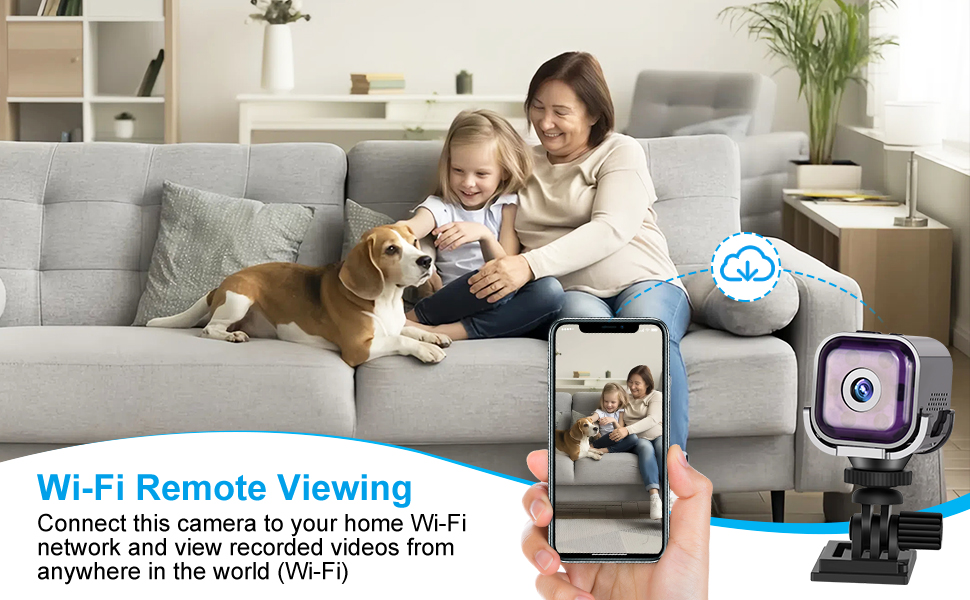 Wi-Fi camera with remote viewing capabilities. Shows smartphone displaying live feed of family on couch with dog. Camera unit visible in bottom right corner.