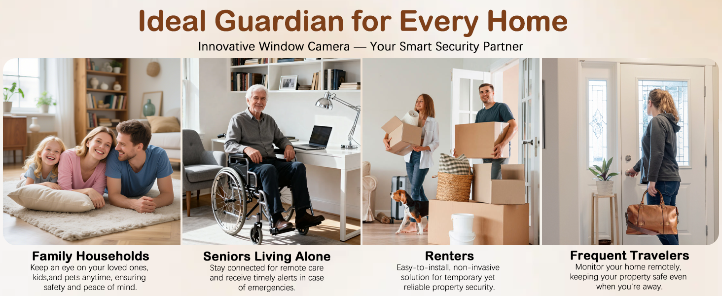 Text reads 'Ideal Guardian for Every Home' with sections labeled 'Family Households', 'Secure Living Space', 'Hunters', 'Frequent Travelers'. Multiple interior scenes showing different home environments.