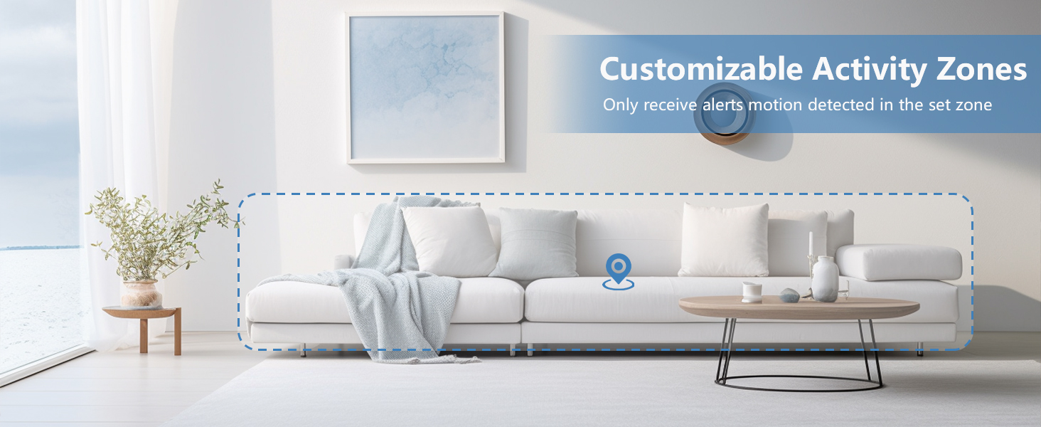 White living room with sofa, coffee table, and plant. Blue overlay highlights 'Customizable Activity Zones' feature with motion detection icon. Text reads: 'Customizable Activity Zones'.