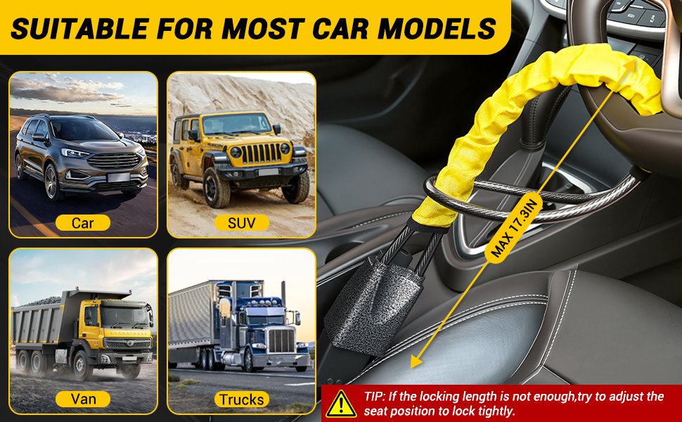 Text reads: 'SUITABLE FOR MOST CAR MODELS'. Product demonstration showing vehicle types (Car, SUV, Van, Truck) and installation of what appears to be a car accessory with yellow highlights.