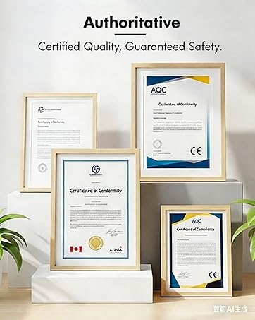 Text reads 'Authoritative' and 'Certified Quality, Guaranteed Safety.' Display of multiple framed certificates of authenticity with AOC and CE certification marks, arranged on white pedestal with plants.