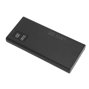 Black rectangular electronic device or power bank against white background, minimalist design with subtle texture.