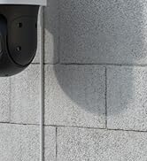 Partial view of a circular black device with six visible sensors or lenses, embedded in a concrete or stone wall next to foliage.