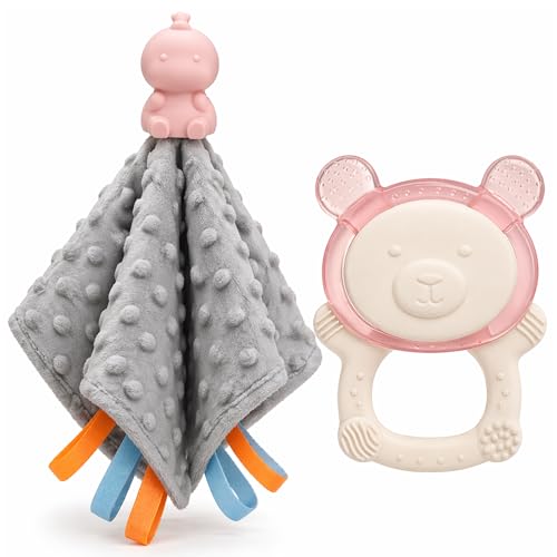 Bloomé Baby Teething Gift Set for Newborns – Baby Security Blanket Comforter with Silicone Topper + Cooling Bear Teether Ring – BPA Free Sensory Toy