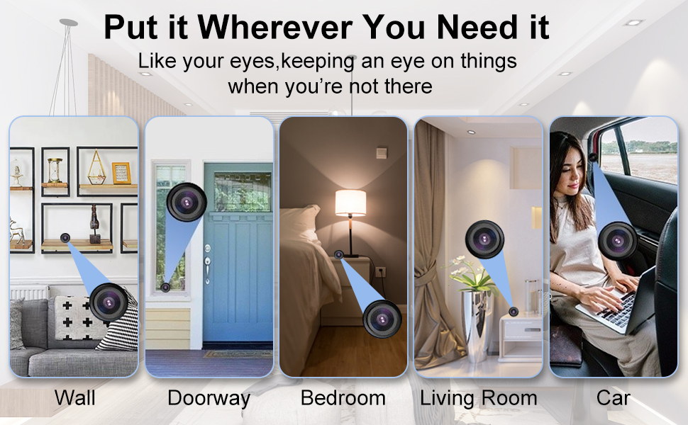 Text reads 'Put it Where You Need it Like your eyes keeping an eye on things when you're not there'. Various room views showing security camera placement options: Wall, Doorway, Bedroom, Living Room, Car.