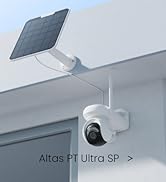 Reolink Argus PT-5MP outdoor security camera in white, featuring a dome-style design with solar panel mount on exterior wall.