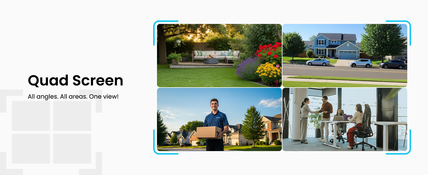 Text reads 'Quad Screen'. Four-panel layout showing different outdoor residential scenes including houses and landscaping.